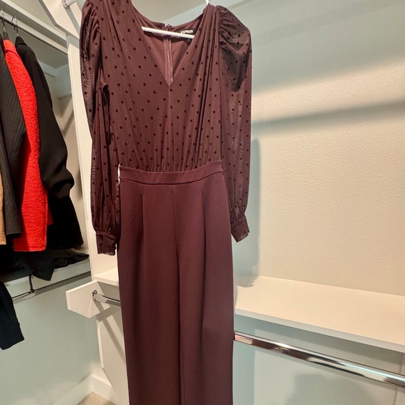 Express Long Sleeve Swiss Dot Jumpsuit – Burgundy - Picture 1 of 3